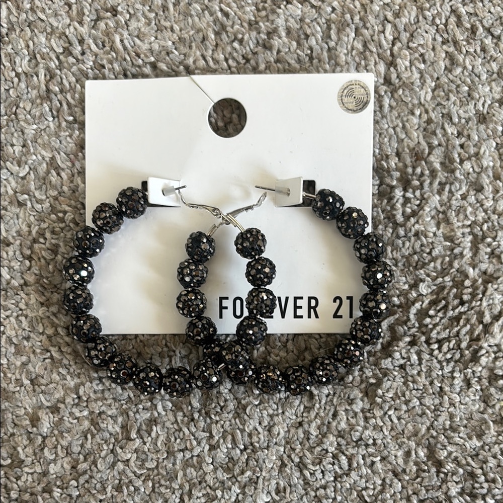 Forever 21 Black Rhinestone Hoop Earrings